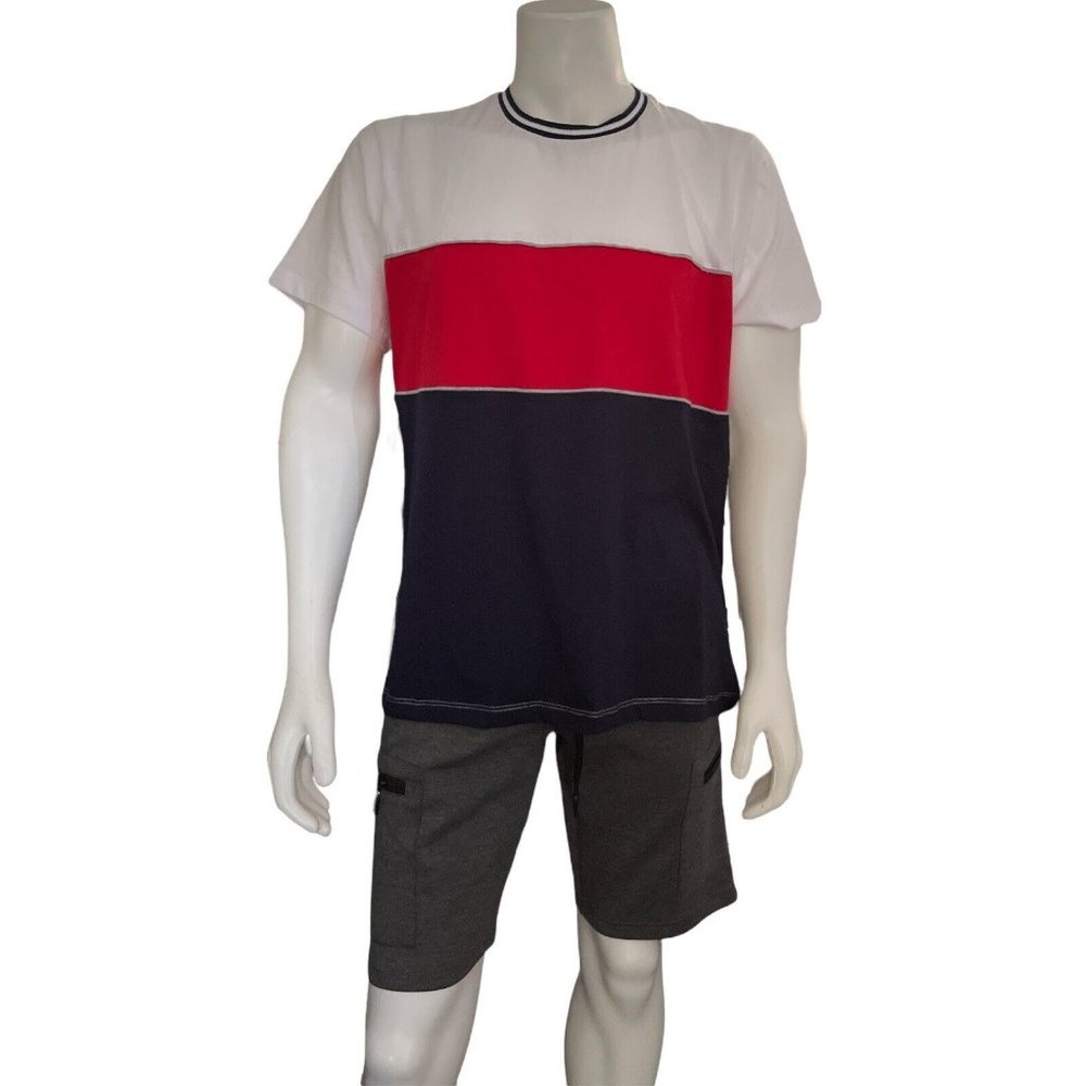 Men’s T-Shirt Size XL LEVEL TEN  Short Sleeve Color block white/ Red/Navy